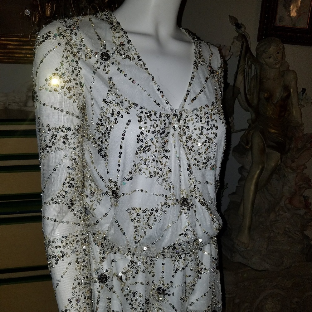 Adrianna Papell Gold White Sequin Blouse